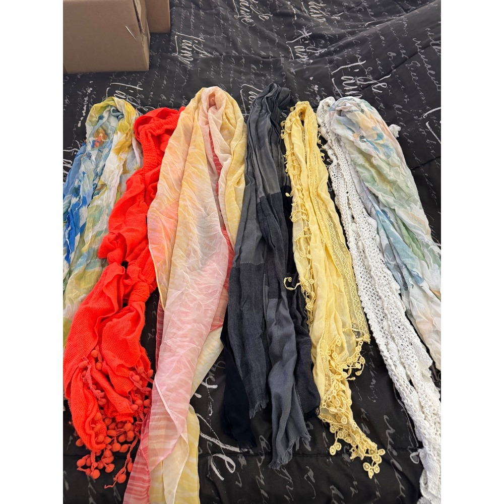 Lot of 7 Womens Scarves NOSZ Summer Paisley Orange Pom Pom Crochet Lace Floral